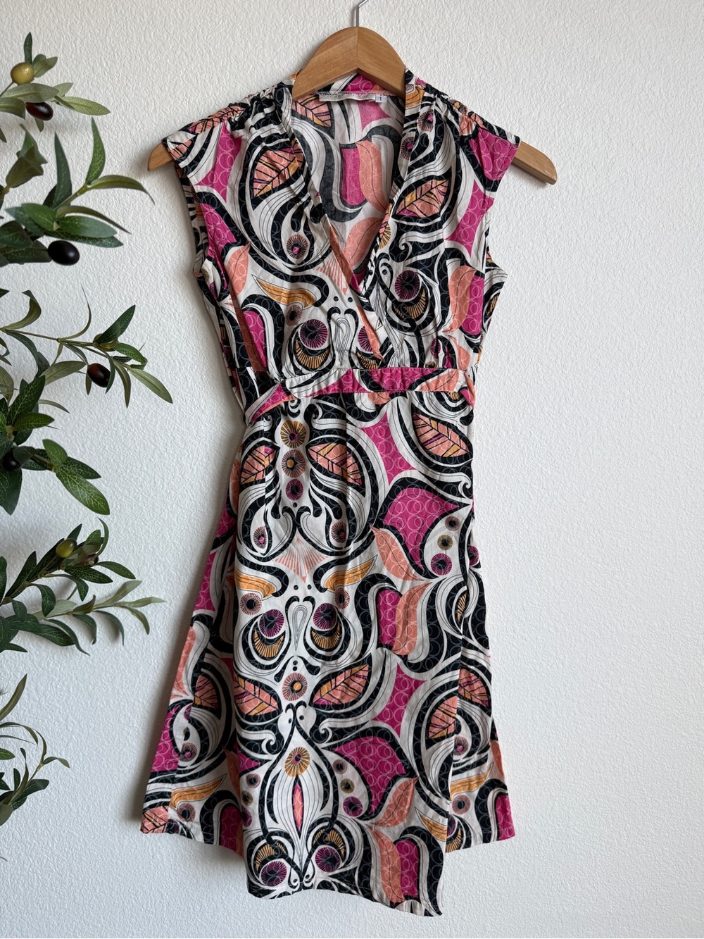 Vintage Sunhee Moon Pink Black Retro 60s Abstract Wrap Mini Dress Women’s Size 1